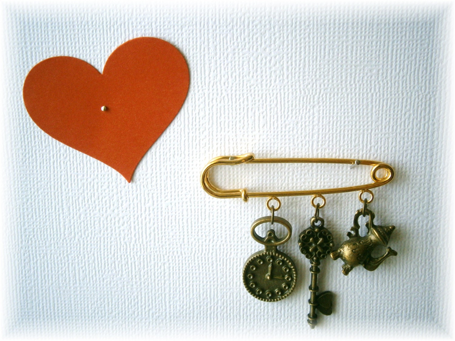 Kilt Pin Brooch, The Key to Alice, Teapot, Key, Pocket Watch Clock, Scarf Pin, OOAK, made with love by maddabling