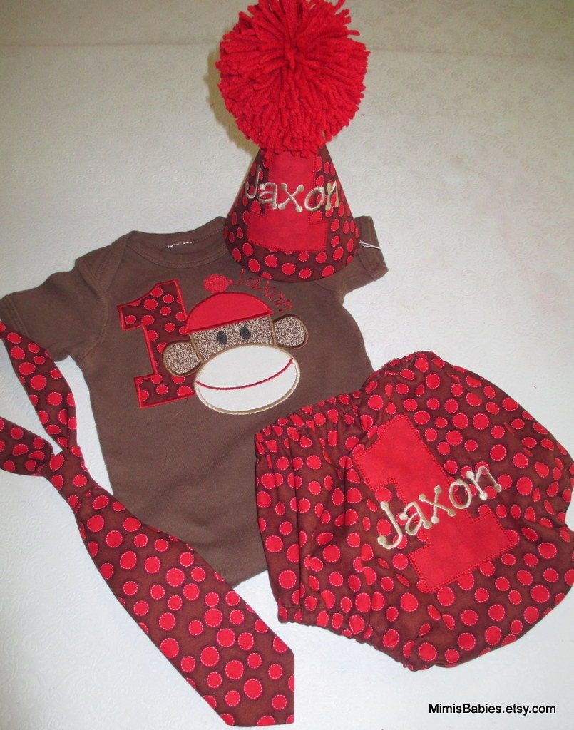Sock Monkey Smash Cake Set Birthday Hat Tie and Diaper Cover