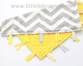 Gray and White Chevron Minky with Canary Yellow Tag Blanket  Ribbon Lovey - Personalized