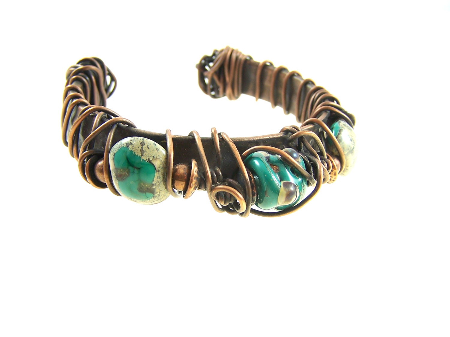 Copper Cuff Bracelet, Eco Friendly, Lampwork Jewelry, Hammered Copper Jewelry, Upcycled Recycled Repurposed, Teal, Rust
