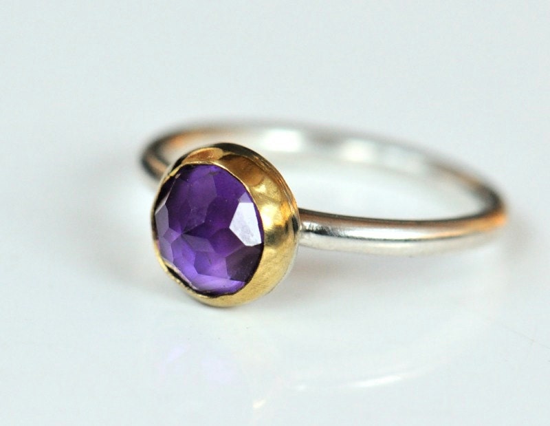 Amethyst silver and gold ring. Sterling band with 22k gold and rose cut amethyst. Size 6.5. February birthstone