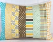 Pillow Cover - 12 x 16 Inches - Teal Blue, Yellow, Aqua Blue and Gray Stripes and Plaid