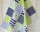 Baby Blanket - Unisex Patchwork Baby Blanket - Sheep - Navy Blue and Lime Green