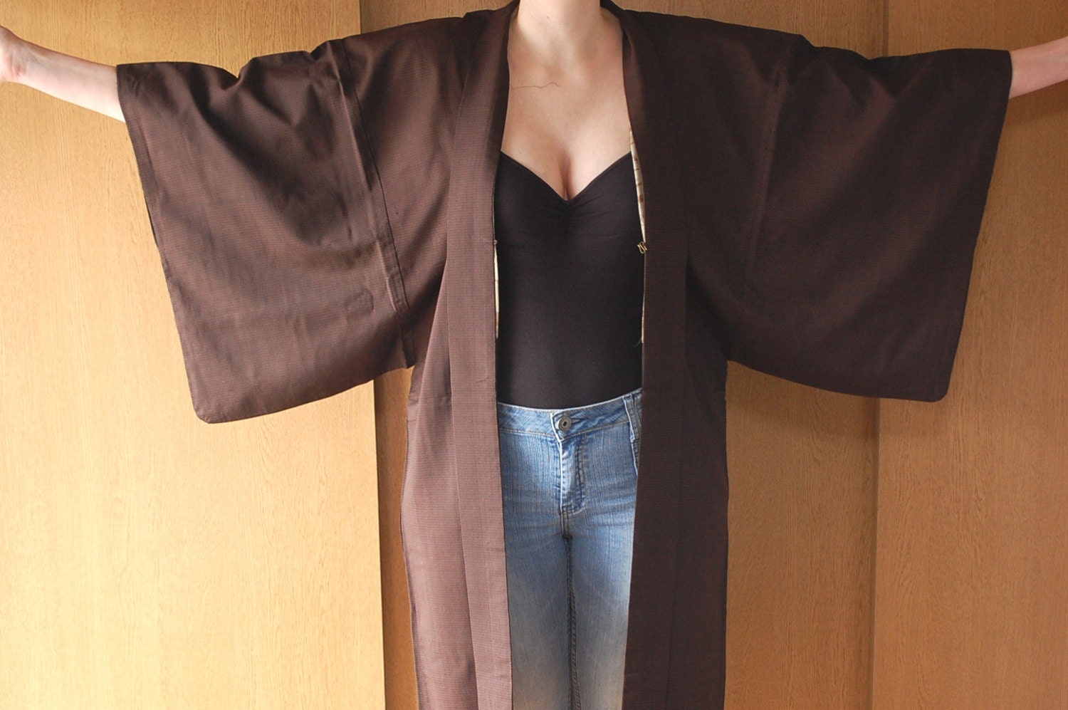 Haori Kimono Coat For Men Finely Patterned Brown