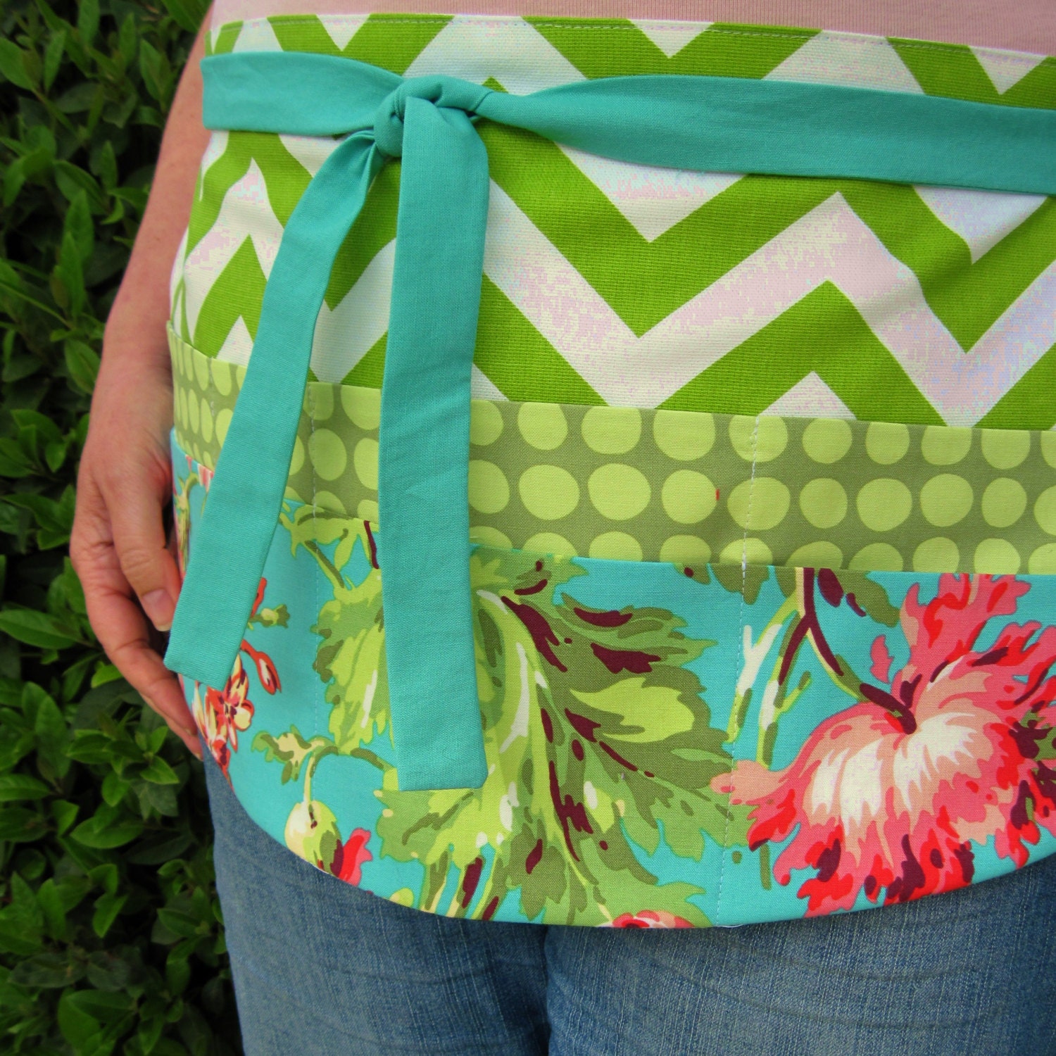 Coral Floral Garden Apron with Aqua, Chevrons - New Item, Six Pocket Half Apron for Graduation, Teachers, Gardening, Shower/Hostess Gifts