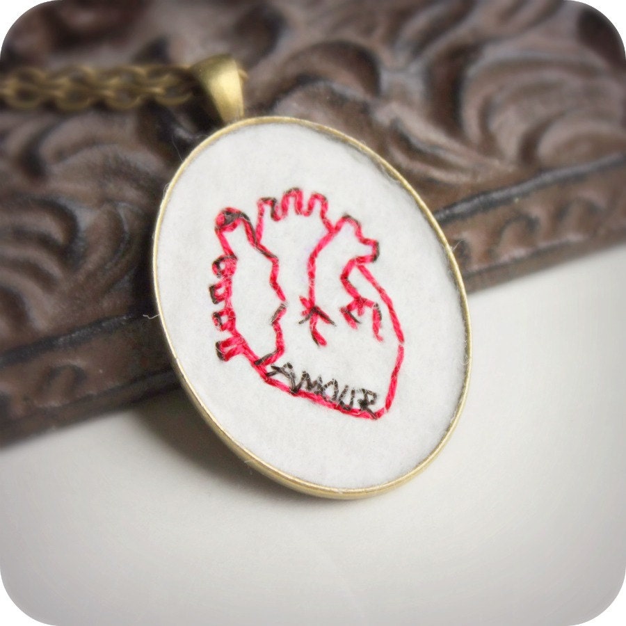 Anatomical Heart Necklace hand embroidered red brass gold felt love amour french anniversary wedding
