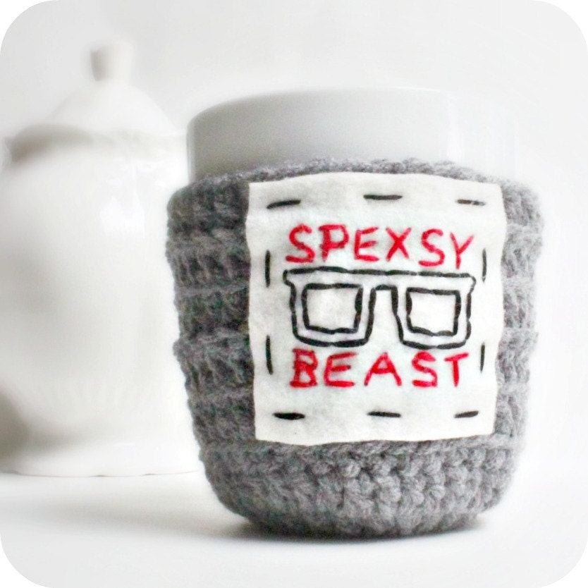Coffee Mug Cozy Tea Cup Cozy Funny Spexsy Beast gray white black red crochet cover