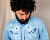 Vintage 1970s Embroidered Floral Polyester Disco Western Pearl Snap Shirt