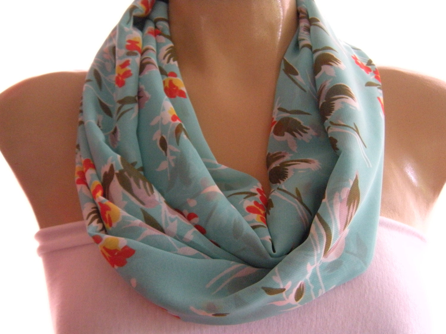 Seafoam Green..Floral..Infinity scarf..Loop scarf.. Necklace Scarf..Chiffon scarf....Instant gratification...