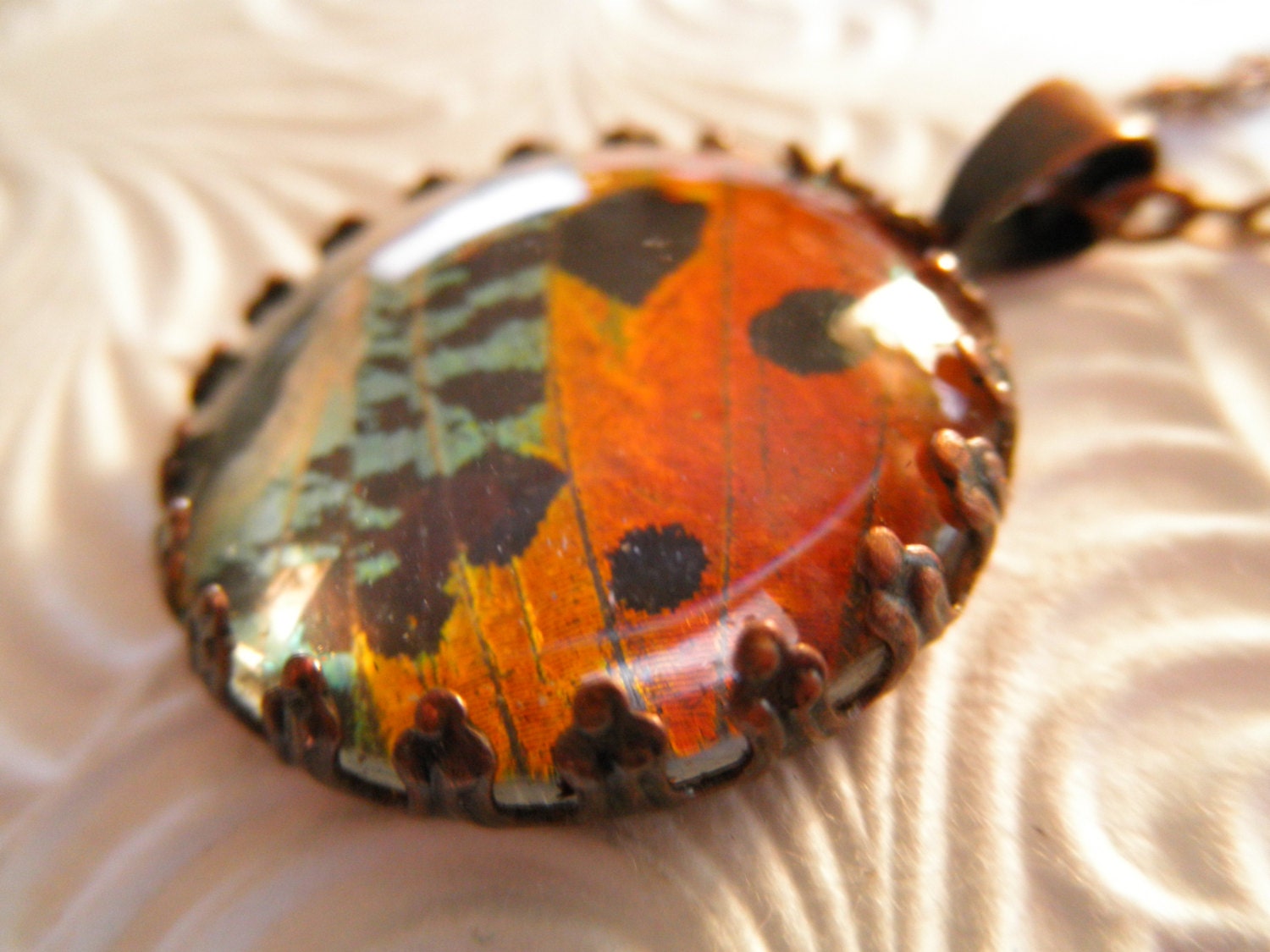 Colorful Sunset Moth Wing Copper Crown Pendant-Color Shift Iridescent Blue, Green, Hot  Pink, Yellow, Orange-Nature Inspired