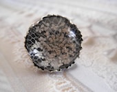 Romance In Lace-Victorian Filigree Pressed Flower Glass Ring with Queen Anne's Lace Atop Real Lace-Black Background-Symbolizes Peace