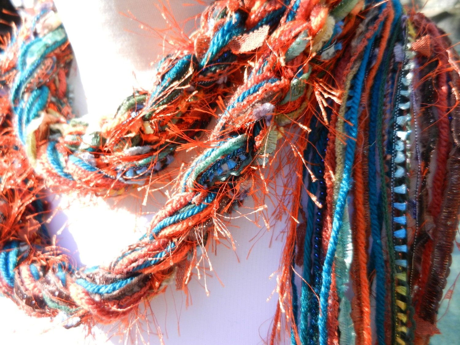 Bohemian Crochet Scarf, The Pippy COPPER SUNSET Scarf, Fiber art scarves