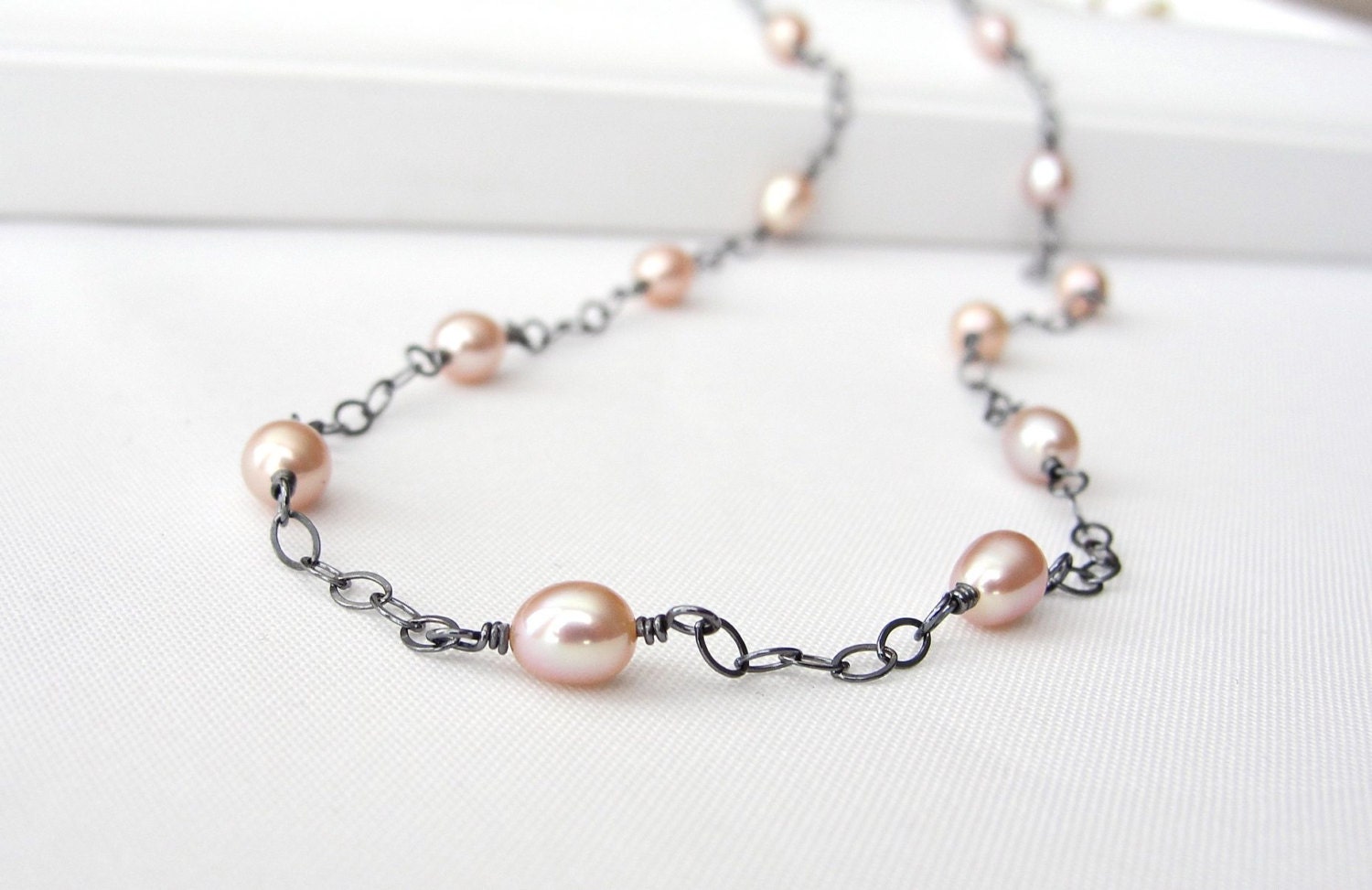 Pink Pearl Necklace in Oxidized Sterling Silver, Station, Delicate, Pastel, Jewelry