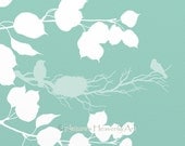 Teal Bird Nest in Tree Branches Custom Colors 8 x 10 Print, Turquoise Nature Art Print, Modern Wall Décor (202)