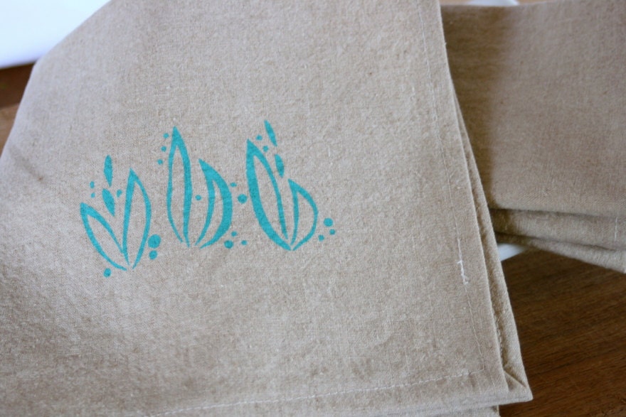 Hand Printed Cloth Napkins, LIMITED, Natural Linen and Cotton Blend, Turquoise Aloe Garden Print, Set of 4 Sixteen inch Dinner Napkins