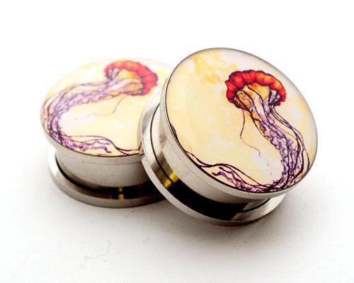 Screw On Plugs - Jellyfish Picture Plugs gauges - 8g, 6g, 4g, 2g, 0g, 00g, 7/16, 1/2, 9/16, 5/8, 3/4, 7/8, 1 inch