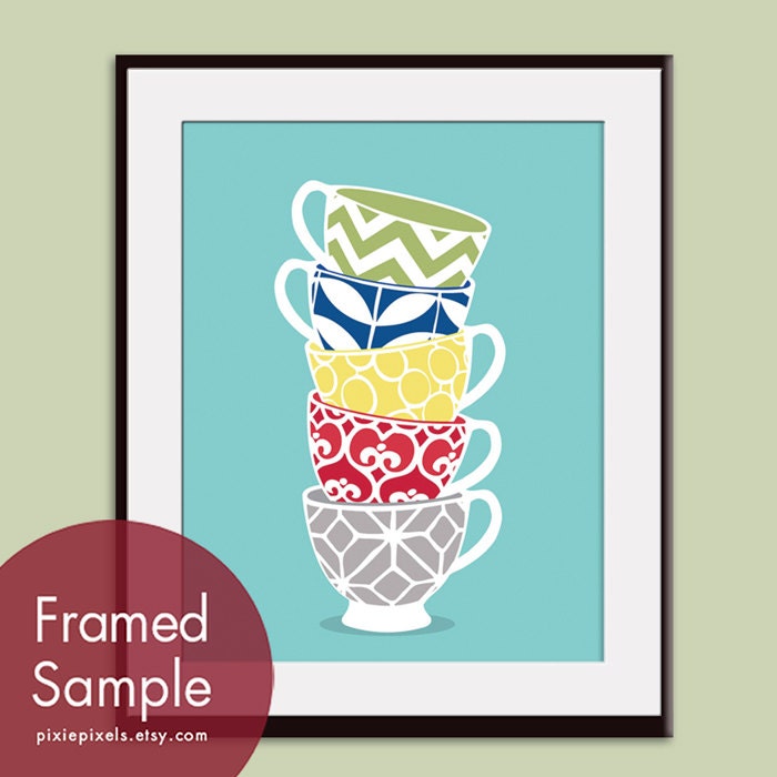Modern Pattern Stacked Tea Cups 8x10 Art Print (Featured in Assorted Colors) Customizable colors (Buy 3 Get One Free)