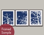 Cherry Blossom Tree Branches (Series C) Set of 3 - 8x10 Art Prints (Featured in Navy and White) Nature Woodland Inspired
