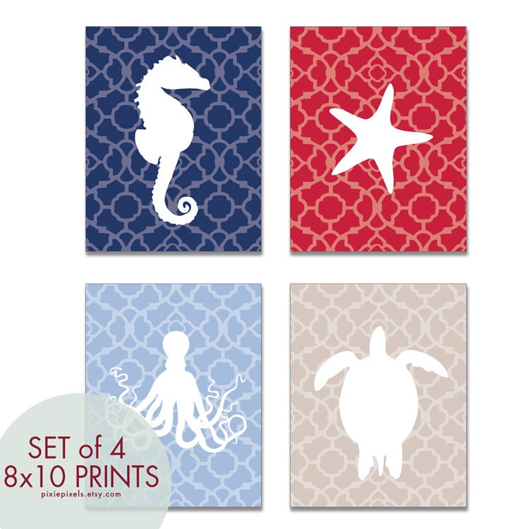 Marine Life Nautical Series (A) Set of 4 8x10 Art Prints (Featured Hotel Towel, Apple Red, Beach Blue and Champagen)