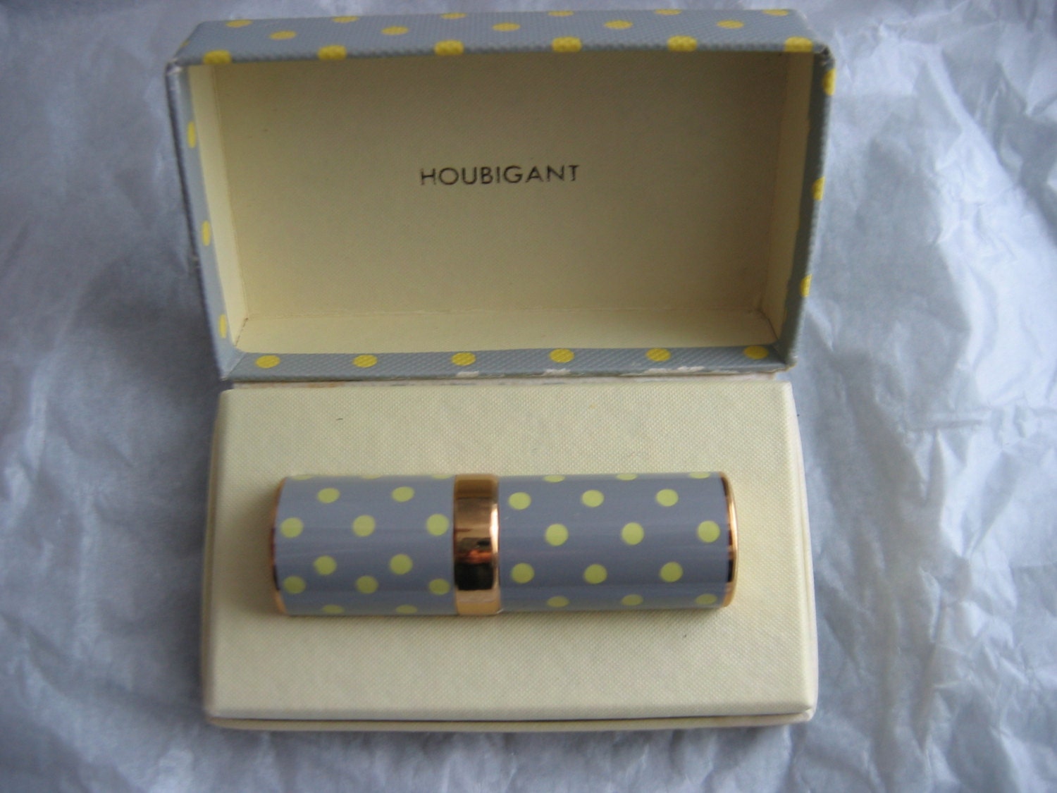 50's Flatterie Perfume by Houbigant.  Empty purse spray.  Vintage RARE.  Grey with Yellow Polka Dots.