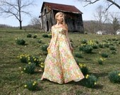 Vintage 70s Dress PALAZZO Floral Formal Jumpsuit Ruffled Neckline  M  Bust 36