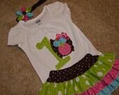 Owl First Birthday shirt and matching ruffle skirt