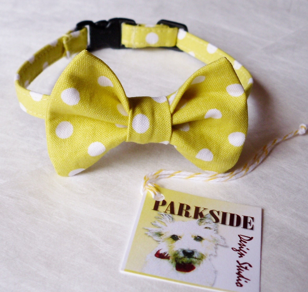 Yellow and White Polka Dot Bow Tie Collar For Cats and Small Dogs