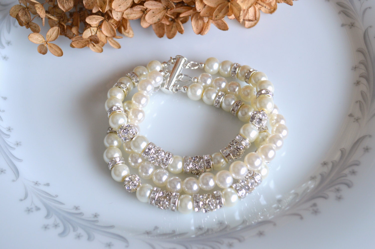 Triple strand Pearl cuff bracelet, wedding bracelet, bridal jewelry, wedding cuff
