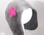 Pink and Gray Cashmere Toddler Hat  - Hot Pink Flower - Size 12 to 24 months