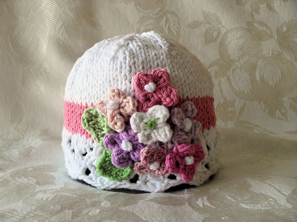 Hand Knitted Baby Hat-Knitted Baby Cloche-Children Clothing-All Weather Knitted Baby Hat-Lace and Flowers Baby Hat-WILD FLOWERS CLOCHE