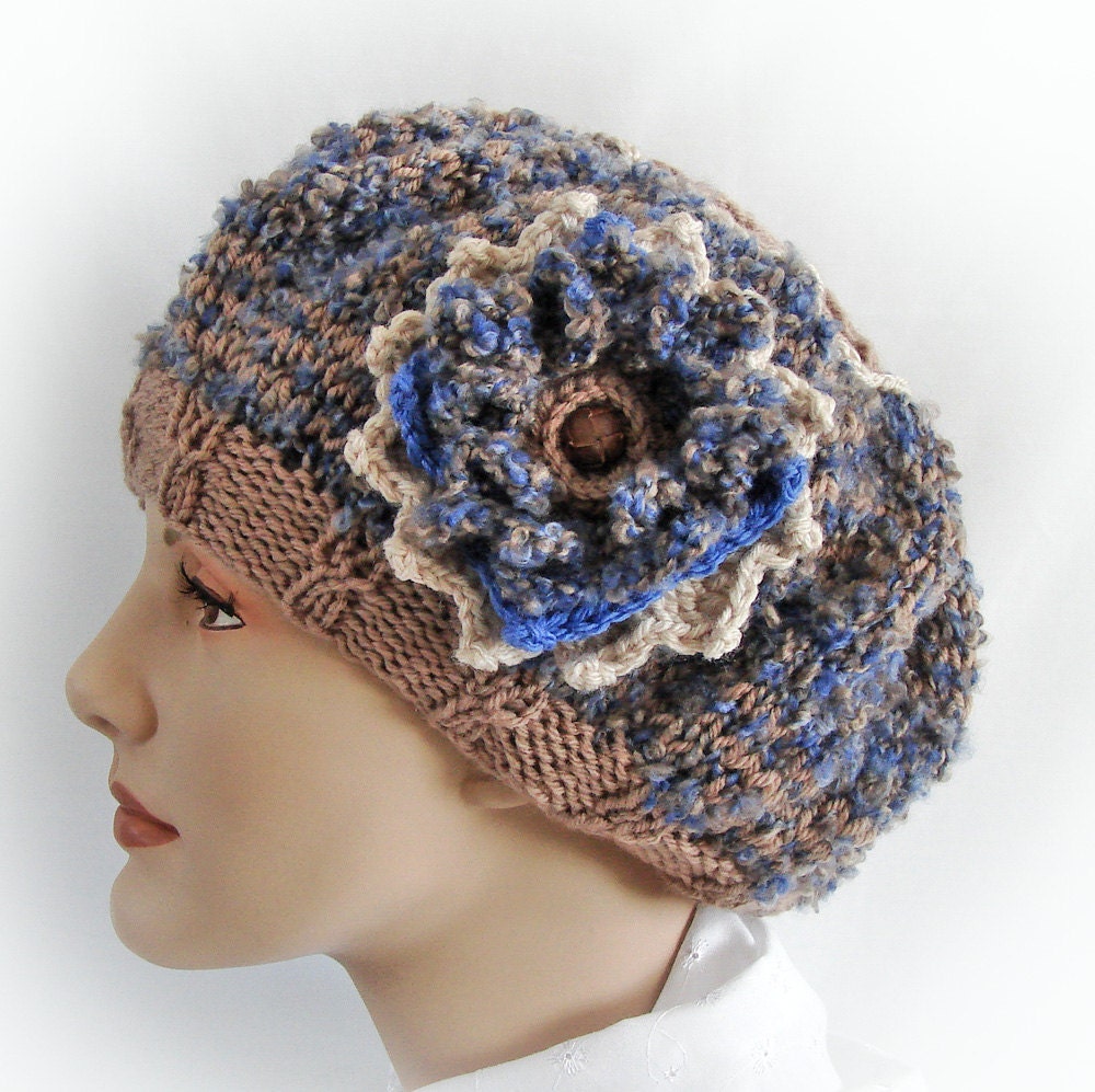 Slouchy Knit Beret Hat with Large Flower - Periwinkle Blue, Taupe, Beige  - Hand Knit - Acrylic
