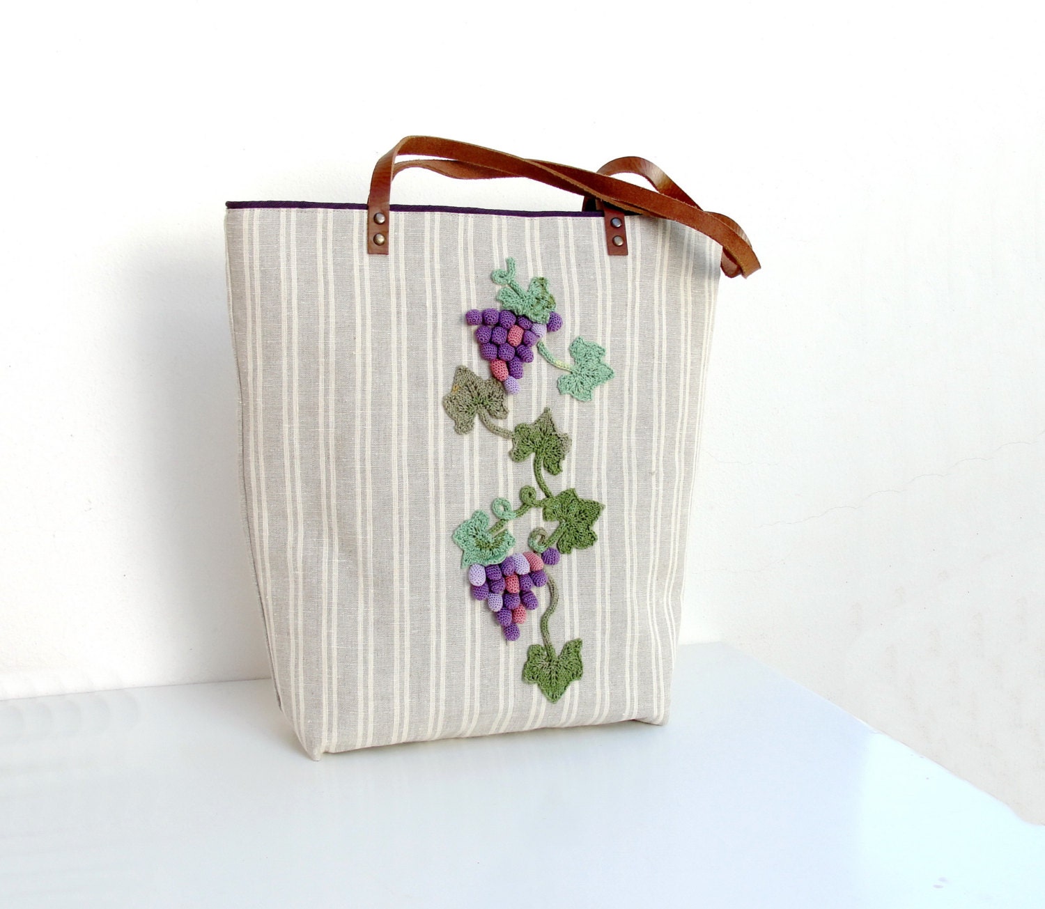 Vineyard Tote Linen, Leather and Knitted Crochetted Tote Bag