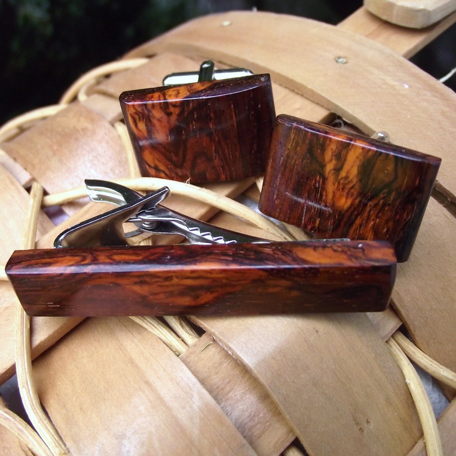 Wood Cuff Links and Tie Bar Set - Handmade Rectangular Cocobolo Wood Wooden Cufflinks - For the Groom, Father, or 5-Year Anniversary Gift