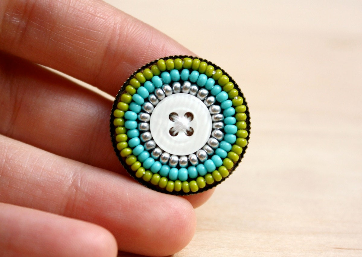 Candy Button - Colourful Beaded Pin with Teal Silver & Green Seed Beads