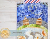 Under the Same Stars. Watercolor Mixed Media Collage Print with Night Sky, Little Houses, and Vintage World Map.