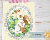 Bunny Rabbit Nursery Art in Geometric Greens and Blues with Salmon Orange. Perfect for a new baby--boy or girl.