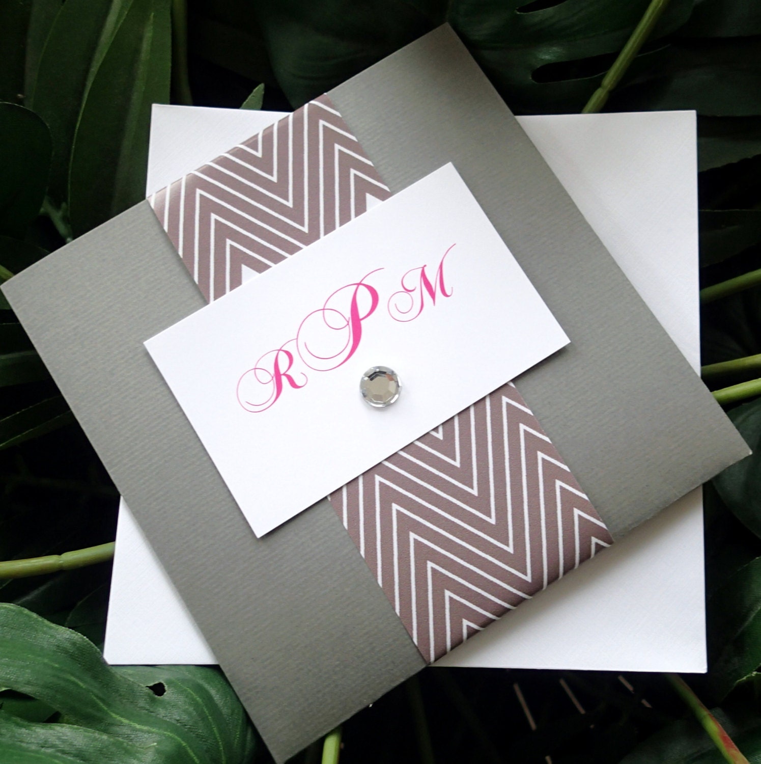 Pocketfold invitation, Grey pocket fold invitation, Chevron invitation, pink invitation, chevron stripes