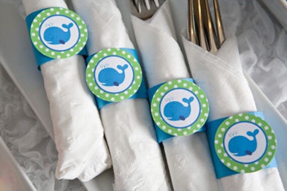 Whale Birthday Party - Napkin Rings - Silverware Wraps - Preppy Ocean Theme Party Decorations in Blue and Green (12) Il_570xn