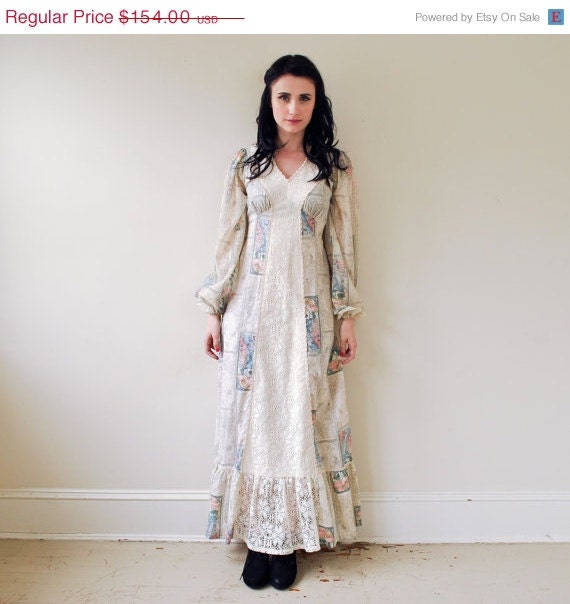 SHOP SALE / vintage 1970s art nouveau novelty print floral lace maxi dress / 70s dress small