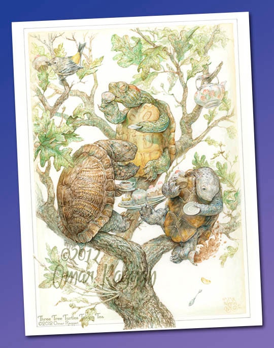 Three Tree Turtles Taking Tea (mini print)