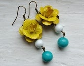 Yellow Flower Earrings. Yellow and Turquoise Earrings. Bridal Jewelry. Bridesmaid Earrings. Statement Jewelry