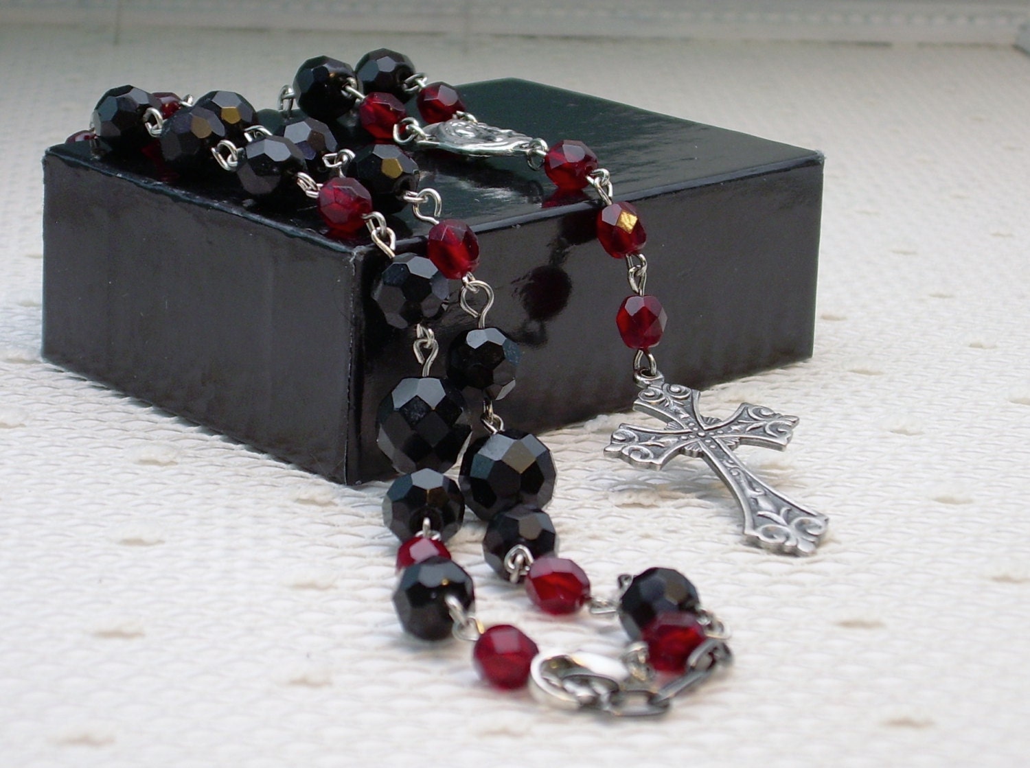 Gothic  Black Red glass Rosary Necklace cross