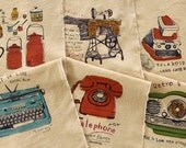 Panel Cotton Linen Fabric - Retro Telephone, Radio, Sewing Machines and Camera 135 cm  x 90 cm (55 x 29.5 inches)
