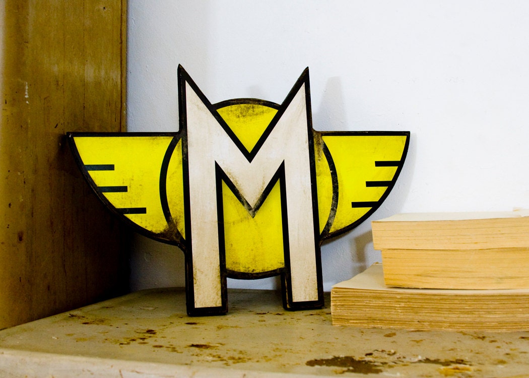Art Deco Inspired Letter with Wings White Letter M with Yellow Wings