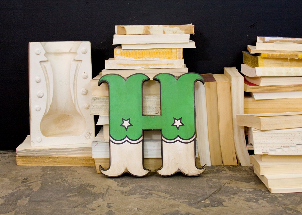 Vintage Carnival Style Wood Letter H Green and White