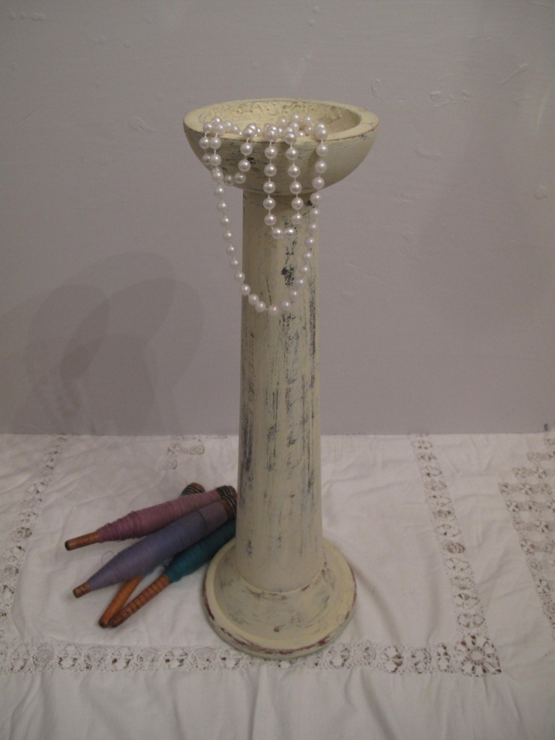 Upcycled, 20.5"  Tall Candle Holder, Handfinished, Distressed in French Cream