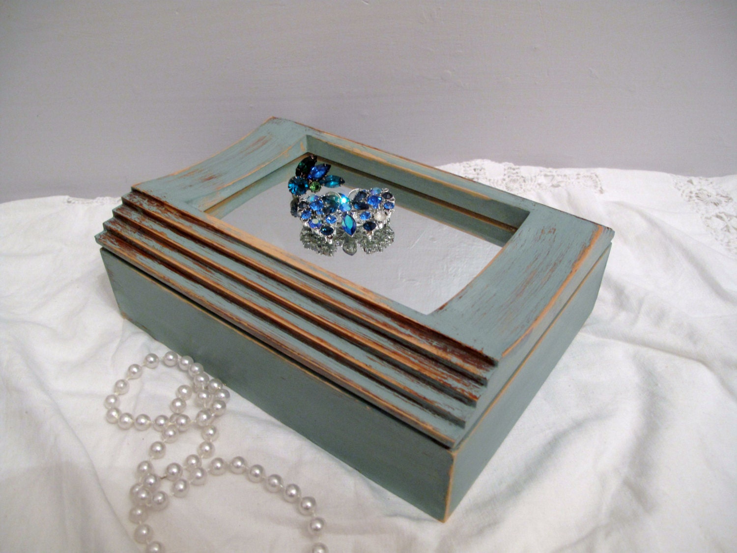 Vintage Wood jewelry Box, Distressed Duck egg Blue, Gift
