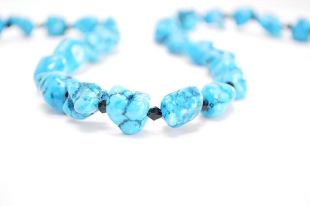 Blue Necklace, Bright, Chalk Turquoise, Black Crystal, Chunky Necklace, Big, Bold, Fashion Jewelry, Gift For Her Under 25