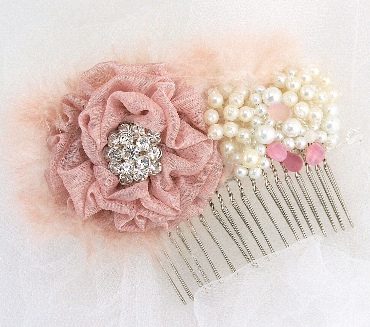 Bridal Hair Comb Fascinator in Dusty Rose with Feathers, Crystals and Pearls