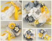 Brooch Bouquet  Vintage-Style in Ivory, Yellow and Grey with Feathers, Lace and Brooches